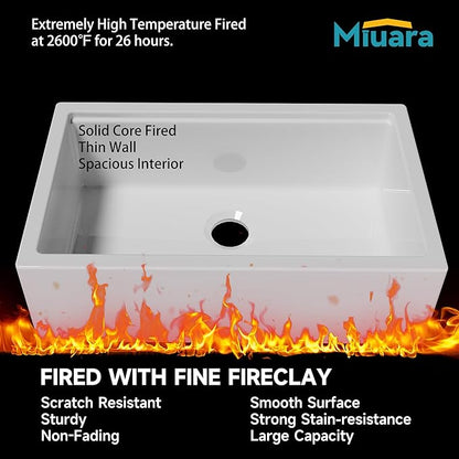 Miuara Self Trimming Farmhouse Workstation Sink 33 Inch - Tall Apron Front Fireclay Kitchen Sink 33"x20"x10", Dual Mount: Undermount & Topmount, Farm House Style Single Bowl, Glossy White, for Kitchen