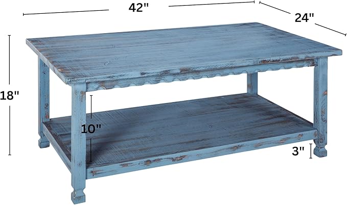 Rustic Rectangular Coffee Table, 42 in. W x 24 in. D x 18 in. H, Living Room Blue Antique, W/ (1) 36 in. W x 18 in. D x 10 in. H Shelf, Farmhouse/Cottage Style, Select Hardwood/Construction