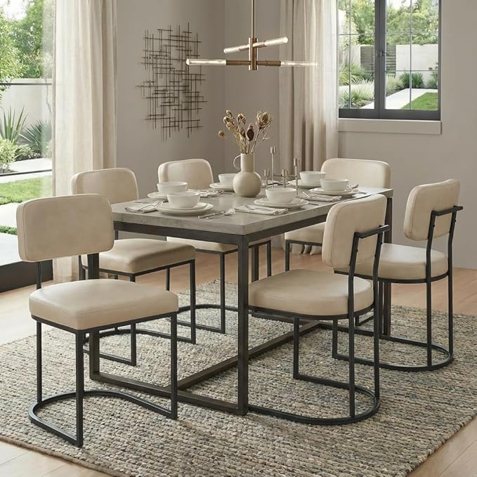 KISLOT Dining Chairs Set of 6, Upholstered Modern Kitchen Chairs with Ergonomic Backrest, Faux Leather Cushion Seat & Curve Metal Legs for Living Room, Restaurant, and Café, Beige, 2 Boxs