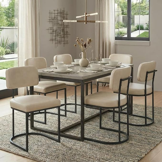 KISLOT Dining Chairs Set of 6, Upholstered Modern Kitchen Chairs with Ergonomic Backrest, Faux Leather Cushion Seat & Curve Metal Legs for Living Room, Restaurant, and Café, Beige, 2 Boxs