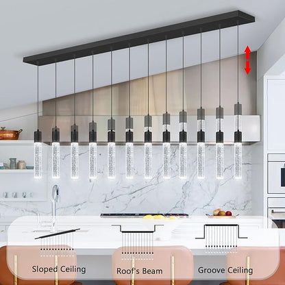 Modern Crystal Chandeliers LED Pendant Light for Kitchen Island Dining Room Entrance Foyer Living Room 6000K Black