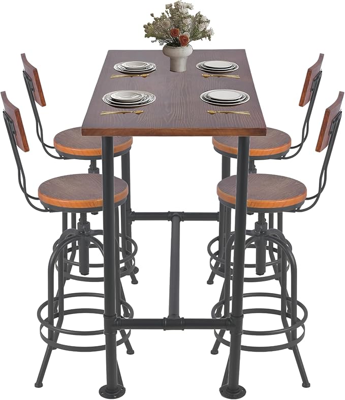 LOKKHAN 5-Piece Industrial Metal Bar Table & Stools Set – Adjustable Swivel, Wooden Top/Seats, Backrest (1 Table + 4 Stools, Brown) for Kitchen Island/Pub, Heavy Duty