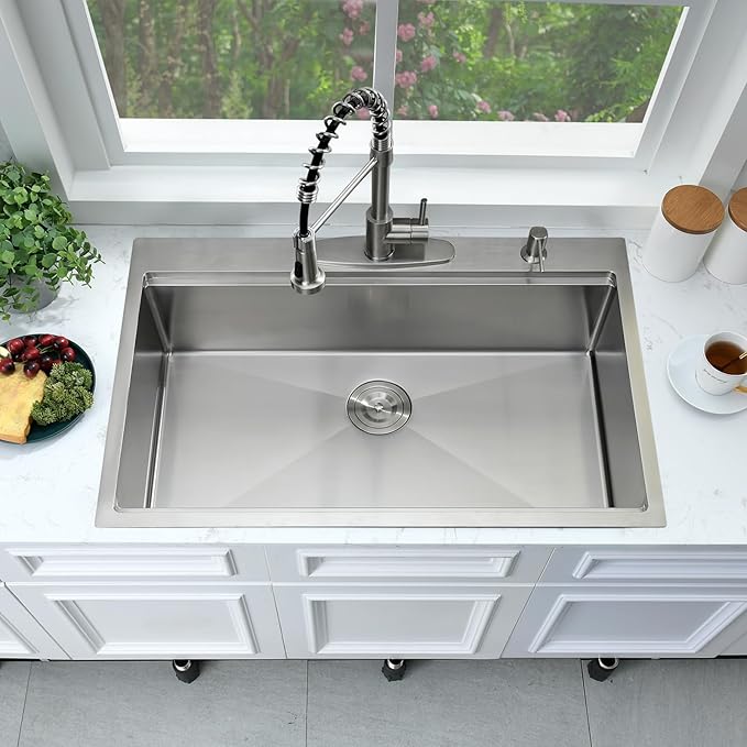 33x19 Drop In Kitchen Sink Workstation-Bokaiya 33 Inch Stainless Steel Top Mount Kitchen Sink 16 Gauge Single Bowl Drop In Sink with Cutting Board