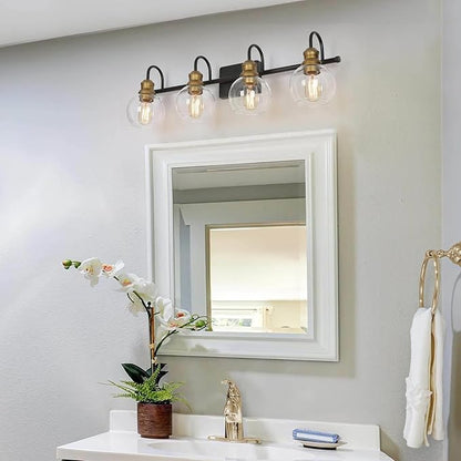 LALUZ Bathroom Light Fixtures, 4-Light Black and Gold Vanity Lights for Bathroom with Clear Globe Glass Shade, Modern Farmhouse Bathroom Vanity Lighting Over Mirror, 29.5" L x 7" W x 9" H