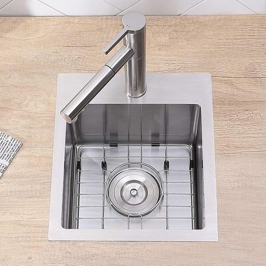 VCCUCINE Bar Sink Drop in,13x15 Inch Topmount RV Small Kitchen Sink,Handmade Stainless Steel Wet Bar Sink,Outdoor Single Bowl,Brushed Nickel Prep Sink with Accessories