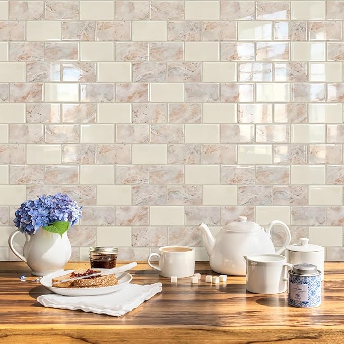 STICKGOO 10-Sheet Subway Tiles Peel and Stick Backsplash, Brown Marble Look Stick on Tiles Kitchen Backsplash (Thicker Design)