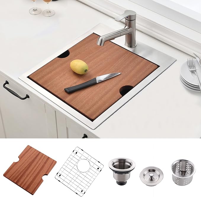 21x20 Inch Drop In Kitchen Sink Workstation - VAPSINT 21 Inch Topmount Kitchen & Bar Sink 16 Gauge Stainless Steel Handmade Single Bowl Small Kitchen Sinks for RV Wet Prep with Accessories