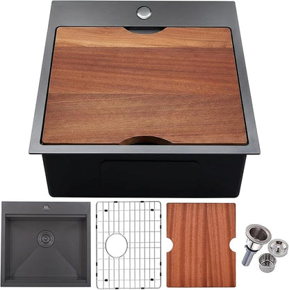 KINGO HOME Black Kitchen Sink,Drop In Bar Sink Gunmetal Black Stainless Steel Square Small Topmount Single Bowl Workstation Sinks,304 Stainless Steel Topmount Wet Bar Prep Sinks With Cutting Board