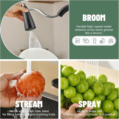 APPASO Black Kitchen Faucet One Hole, 3-Mode Pull Down Sprayer, 360° Swivel, 20-Inch Hose, Single Handle High Arc Matte Black Modern Faucet for 1 or 3-Hole Kitchen Sink, Spot Resist, Easy to Install