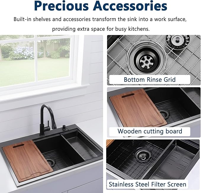 33 Inch Black Drop In Kitchen Sink, 33x22 Top Mount Workstation Handmade 16 Gauge Single Bowl Stainless Steel Sink with cutting board, dish grid, dish drainer and basket strainer