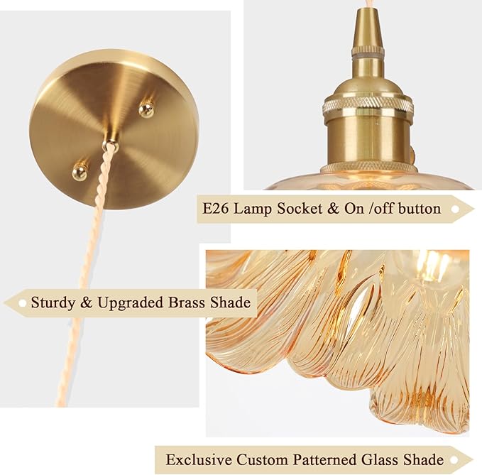 Vintage Pendant Light,Amber Glass Light Fixtures,11" Flower Pendant Lights Adjustable Hanging Light Pendant Lighting Fixtures for Bedroom Hotel Dining Room