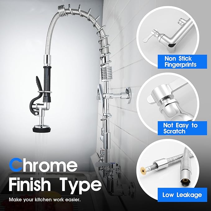 Commercial Kitchen Faucet with Pre-Rinse Sprayer 8 Inch Center Wall Mount Kitchen Sink Faucet with Pull Down Spray - 25" Height Compartment Sink Faucets with 12 Inches Add-On Spout