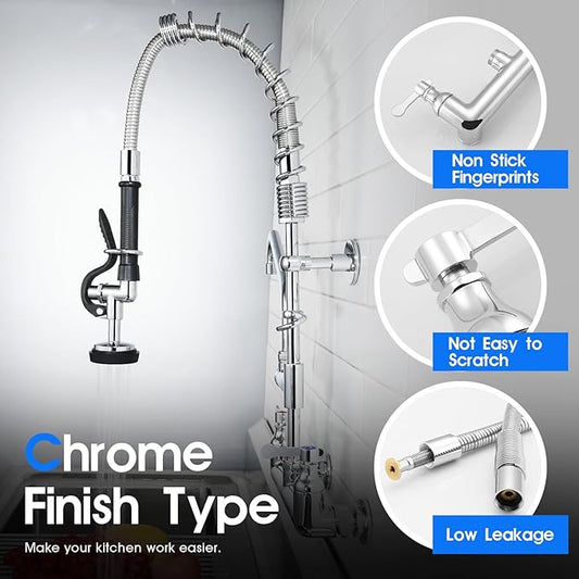 Commercial Kitchen Faucet with Pre-Rinse Sprayer 8 Inch Center Wall Mount Kitchen Sink Faucet with Pull Down Spray - 25" Height Compartment Sink Faucets with 12 Inches Add-On Spout