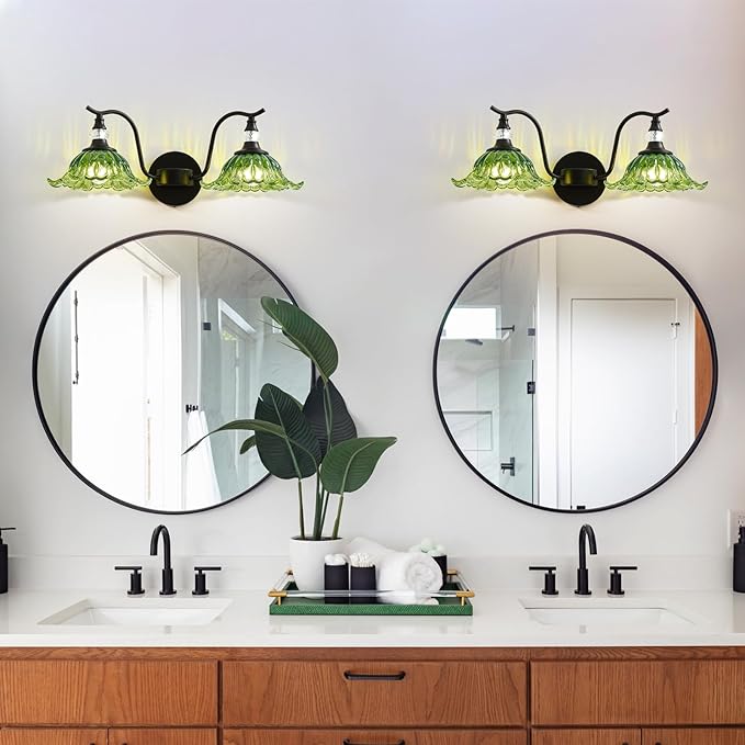 Vintage Bathroom Vanity Light Fixtures - 2 Light Antique Matte Black Bathroom Lights Fixture Over Mirror with Green Flower Glass,Retro High End Wall-Mounted Vanity Lighting for Bath Powder Room
