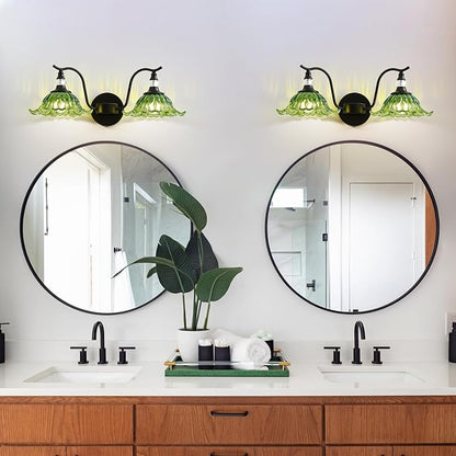 Vintage Bathroom Vanity Light Fixtures - 2 Light Antique Matte Black Bathroom Lights Fixture Over Mirror with Green Flower Glass,Retro High End Wall-Mounted Vanity Lighting for Bath Powder Room