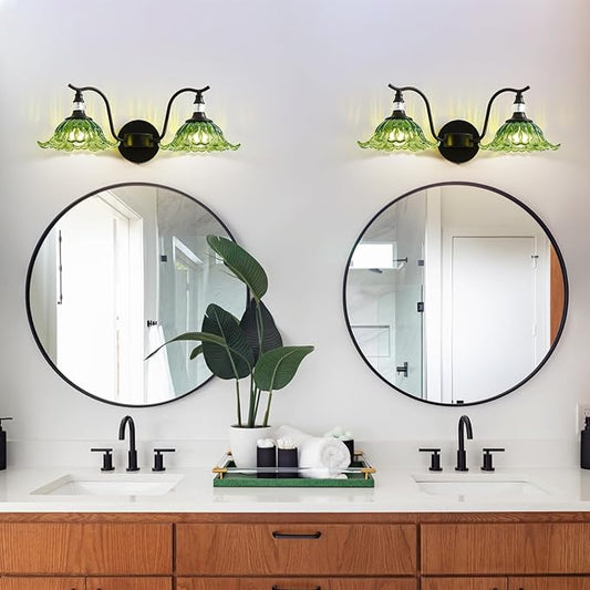 Vintage Bathroom Vanity Light Fixtures - 2 Light Antique Matte Black Bathroom Lights Fixture Over Mirror with Green Flower Glass,Retro High End Wall-Mounted Vanity Lighting for Bath Powder Room