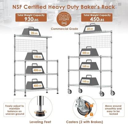 Leteuke Bakers Rack with Storage & Wheels, 42 Inch Microwave Stand Kitchen Shelves, 4-Tier Heavy Duty Storage Rack with 20 S-Hooks, Commercial Metal Utility Kitchen Cart, 42× 18× 63 Inch, Chrome