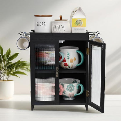 Ikee Design Wooden Countertop Storage Cabinet with Wavy Magnetic Door, Adjustable Shelves, Removable Hooks. Perfect for Perfume, Figurines, and Coffee Cups, Black Color, 10.4 W x 6.1 D x 14.4 H in