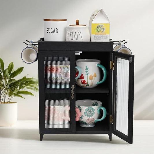 Ikee Design Wooden Countertop Storage Cabinet with Wavy Magnetic Door, Adjustable Shelves, Removable Hooks. Perfect for Perfume, Figurines, and Coffee Cups, Black Color, 10.4 W x 6.1 D x 14.4 H in