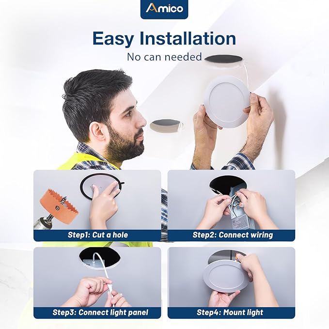 Amico 1 Pack 6 Inch 5CCT Ultra-Thin LED Recessed Ceiling Light with Junction Box, 2700K/3000K/3500K/4000K/5000K Selectable, 12W Eqv 110W, Dimmable Canless Wafer Downlight, 1050LM High Brightness -ETL