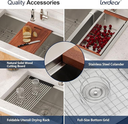 Lordear 33 Double Bowl Kitchen Sink 33x19 Inch Undermount Sink Low Divide Workstation Double Bowl 50/50 16 Gauge Stainless Steel Sinks Basin Handmade
