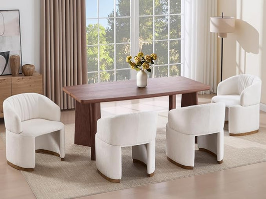 Barrel Dining Chairs Set of 4 - Accent Armchairs with Upholstered Curved Backrest, Modern Chenille Side Chairs for Dining Room/Living Room/Kitchen Island, Beige