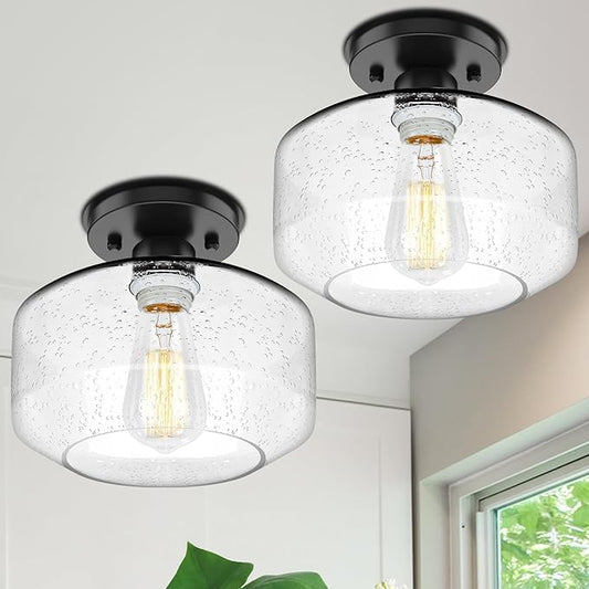 TOBUSA 2-Pack Industrial Semi Flush Mount Ceiling Light, Black Light Fixture Ceiling Mount with Seeded Glass Shade, Farmhouse Hallway Light Fixtures Ceiling for Living Room, Bedroom, No E26 Bulbs