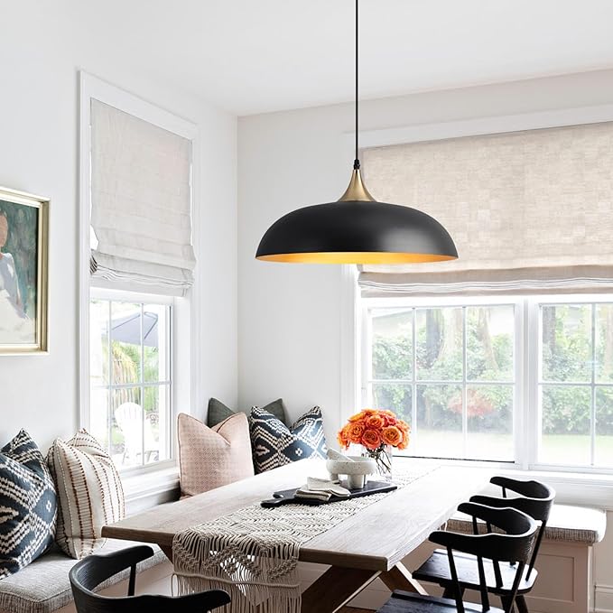 Eustace 17.7'' Farmhouse Vintage Pendant Lighting,Black and Gold Large Pendant Light Fixtures,Dome Metal Chandelier for Kitchen Island, Hallway, Dining Room, Bedroom