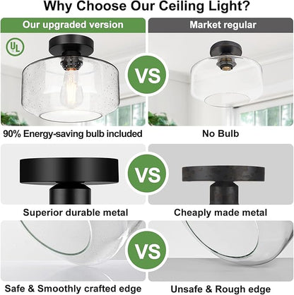 Lynnoland Industrial Semi Flush Mount Ceiling Light (X-Large), Seeded Glass Shade Ceiling Light Fixture, Black Light Fixture for Hallway Bathroom Bedroom, Vintage Hanging Light Fixtures