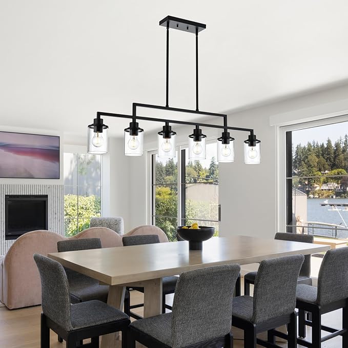 Yaohong 6-Light Black Linear Chandelier for Dining Room, Farmhouse Kitchen Island Light Fixture with Clear Glass Shades, Adjustable Ceiling Hanging Light for Dining Table and Living Room