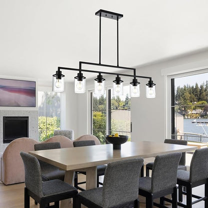 Yaohong 6-Light Black Linear Chandelier for Dining Room, Farmhouse Kitchen Island Light Fixture with Clear Glass Shades, Adjustable Ceiling Hanging Light for Dining Table and Living Room