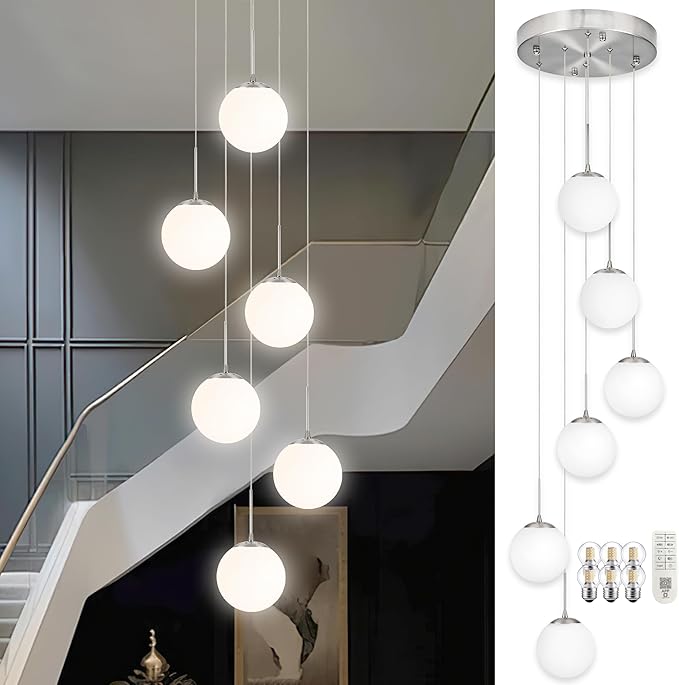 KoKo&Yukina Globe Pendant Light 6 Light Nickel Globe Pendant Lights Kitchen Island Mid Century Light Fixture with Milky White Glass Shade Lights for Staircase