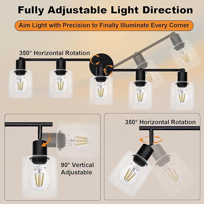 HiBay 5-Light Black Track Lighting Fixtures Ceiling, Multi Directional Foldable Glass Spotlight, Modern Farmhouse Industrial Track Light for Kitchen, Living Room, Home Office, E26 Base