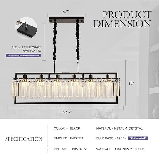 43.7" Modern Black Crystal Chandeliers for Dining Room, Luxury Rectangle 6-Light Kitchen Island Lighting, Linear Hanging Ceiling Pendant Light Fixture for Pool Table Entryway Foyer Hallway