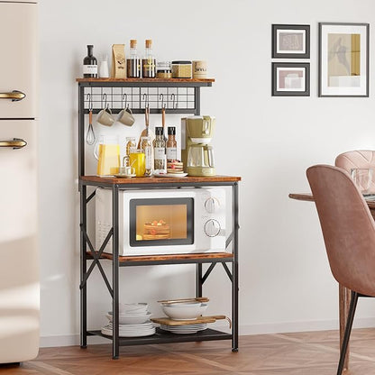 Furologee Kitchen Bakers Rack with Hutch, Coffee Bar Station 4 Tiers, Microwave Oven Stand with 6 S Hooks and Pegboard, Kitchen Microwave Rack for Spice Organizer Workstation, Rustic Brown