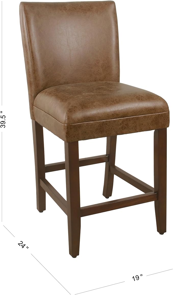 HomePop 24-Inch Counter Height Upholstered Bar Stool, Set of 1, Cognac Brown Faux Leather Seat with Back, Solid Wood Legs, Classic Kitchen Island Counter Height Stool