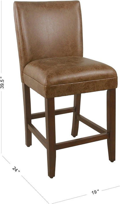 HomePop 24-Inch Counter Height Upholstered Bar Stool, Set of 1, Cognac Brown Faux Leather Seat with Back, Solid Wood Legs, Classic Kitchen Island Counter Height Stool