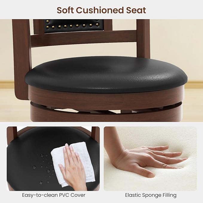 ERGOMASTER Set of 4 Swivel Bar Stools 30.5 Inch Height - 360° Rotating PU Leather Counter Stools with Backrest & Footrest, Brown Tobacco Wood Kitchen Island Stools, 250 lbs Capacity