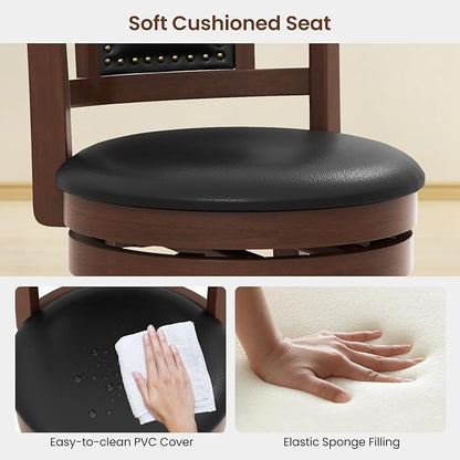 ERGOMASTER Set of 4 Swivel Bar Stools 30.5 Inch Height - 360° Rotating PU Leather Counter Stools with Backrest & Footrest, Brown Tobacco Wood Kitchen Island Stools, 250 lbs Capacity