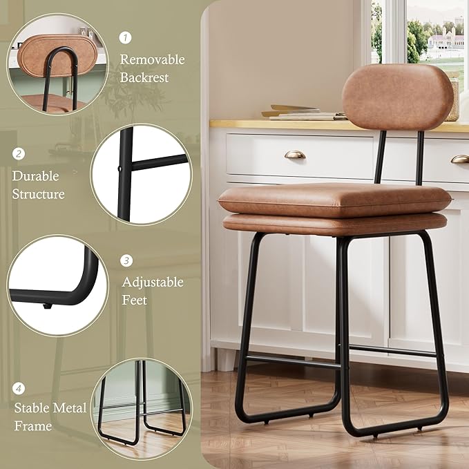 VECELO Bar Stools Set of 2, Counter Height Barstools with Removable Backrest, Padded Seat and Metal Legs, PU Leather Upholstered Bar Chairs for Kitchen, Island, Brown