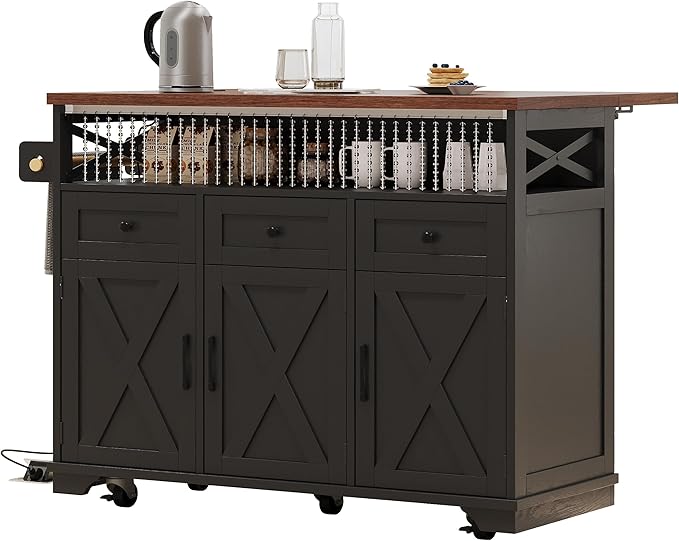 Ball & Cast 46.5" Kitchen Island with Drape of Beads&Power Outlet,Rolling Kitchen Cart on 5 Wheels W/ 3 Drawers,Kitchen Storage Cart W/Internal Iron Shelf&Towel Rack,for Kitchen,Dining Room,Black