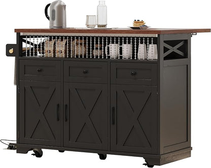 Ball & Cast 46.5" Kitchen Island with Drape of Beads&Power Outlet,Rolling Kitchen Cart on 5 Wheels W/ 3 Drawers,Kitchen Storage Cart W/Internal Iron Shelf&Towel Rack,for Kitchen,Dining Room,Black