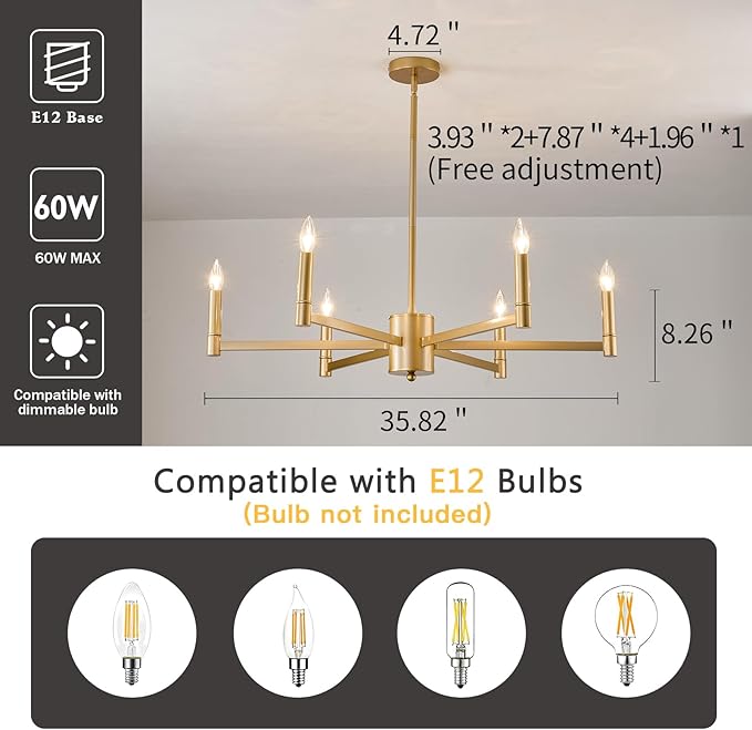ASGYISA 6-Light Gold Candle Chandeliers Modern Farmhouse Ceiling Light Fixture Industrial Lighting for Dining Room Living Room Bedroom Kitchen Island Foyer