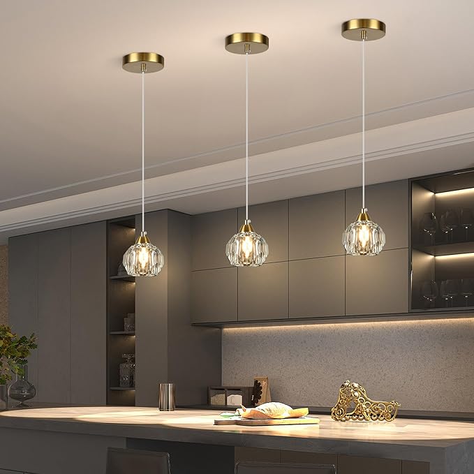 Weesalife Crystal Chandeliers for Dining Room Lights Fixture Over Table, 3 Pack Gold Modern Pendant Light Fixture，Crystal Pendant Lighting for Kitchen Island Bathroom Bar