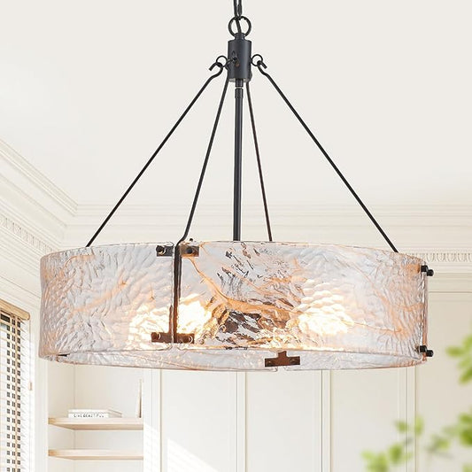 XINGQI Black Glass Chandeliers Modern 4-Light Farmhouse Pendant Lighting Fixtures Elegant Round Chandeliers for Dining Room Kitchen Island Living Room Entryway