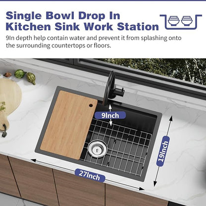 Black Kitchen Sink Workstation,27"x19" Stainless Steel Undermount Single Bowl Sink Built-in Ledge Drop In Workstation Sink Design For Placing/Sliding Accessories-Cutting Board And Drying Rack
