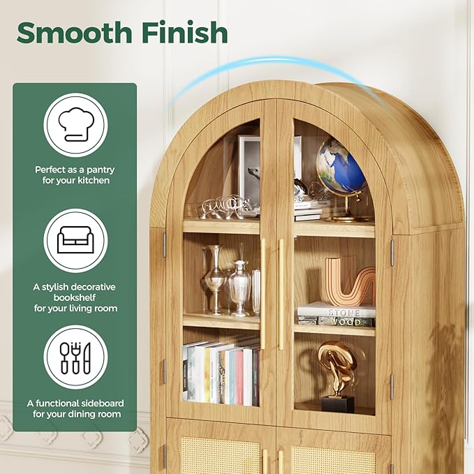 63” Tall Arched Kitchen Pantry Cabinet, 5-Tier Modern Farmhouse Flute Pantry with Adjustable Shelves, Kitchen Storage Cabinet for Kitchen, Dining Room, Living Room, Oak