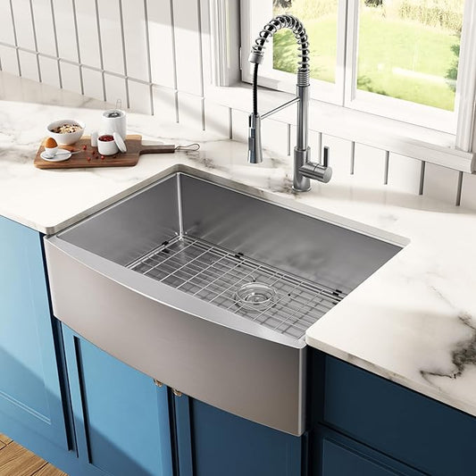 30"x 21" Farmhouse Kitchen Sink, ALWEN 18 Gauge Handmade Stainless Steel Apron-front Single Bowl Farm Sink with Accessories