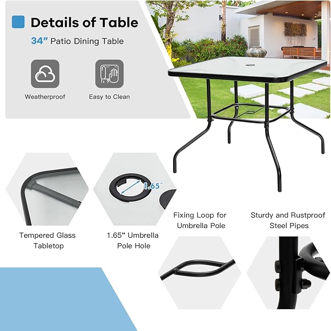 Giantex 35" Patio Table for 4 Persons, Metal Square Dining Table W/Tempered Glass Tabletop & Umbrella Hole (1 Patio Table)