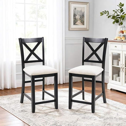 Counter Height Dining Chairs Set of 4, X-Back Kitchen Bar Stools with Padded Seat, Black Wooden Frame with Beige Linen Fabric, Ergonomic Chairs for Kitchen Island, Home Bar